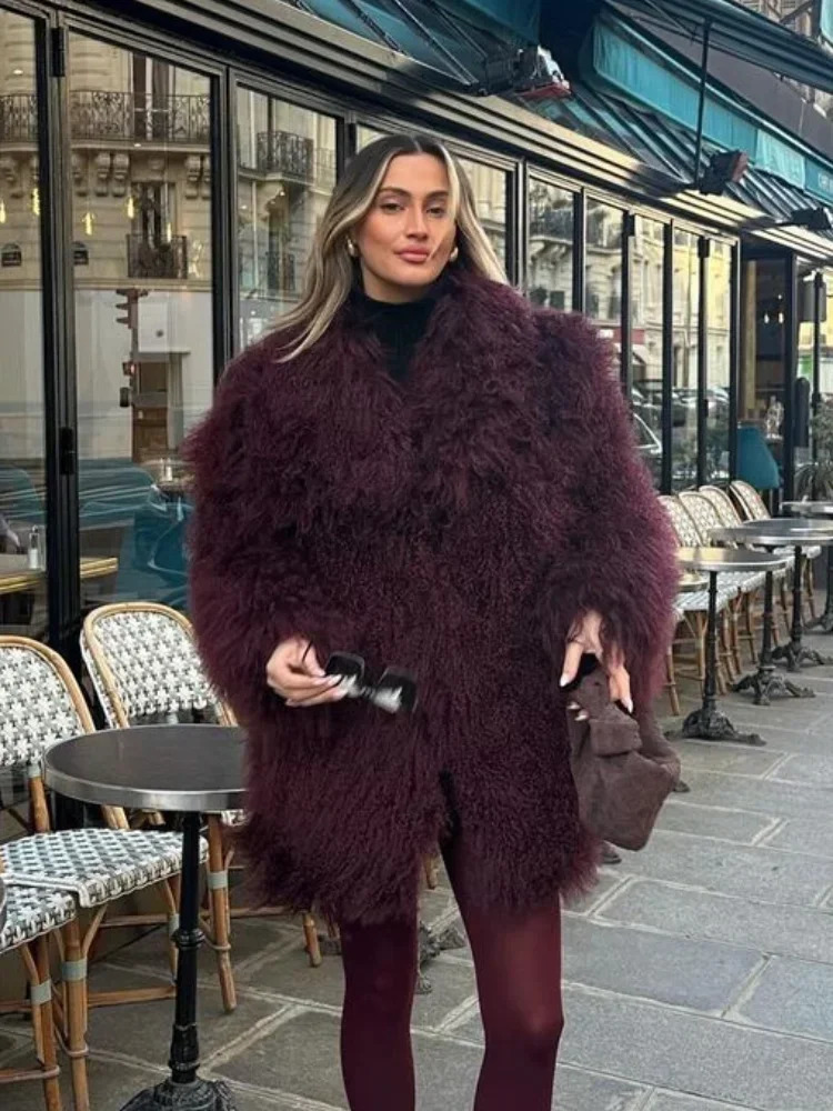 2024 Fashion Wine Burgundy Furry Faux Fur Warm Womens Coats Thicken Fluffy Plush Loose Trendy Jacket Winter Lady Outerwear 241121Z