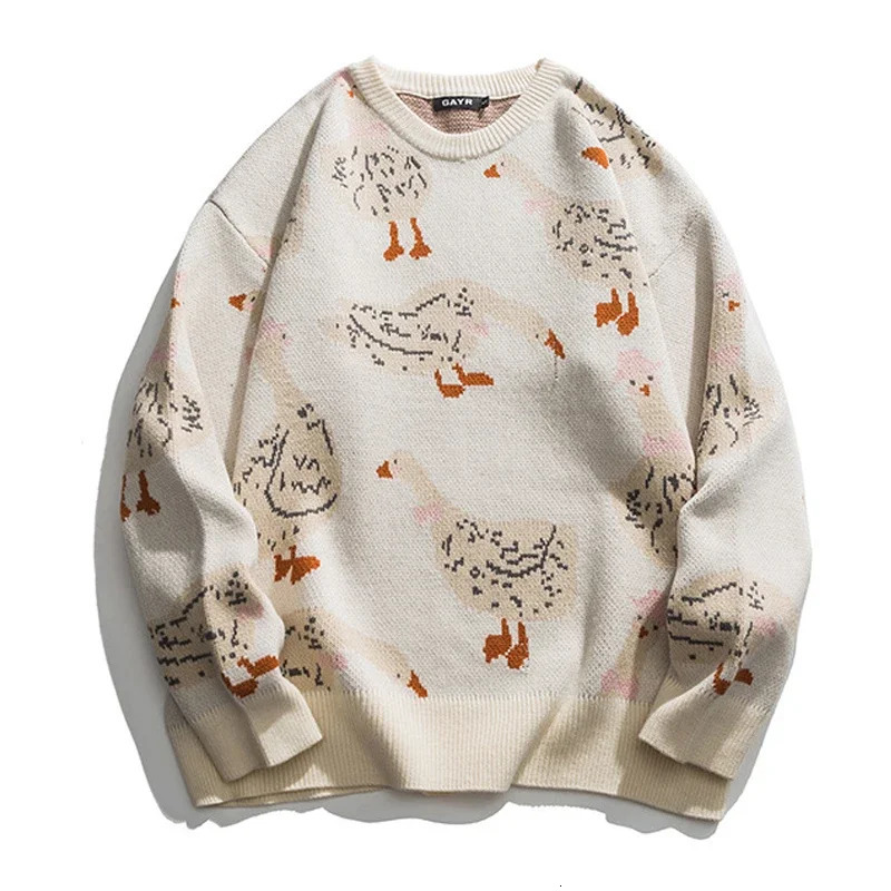 Japanese Knitted Sweater Men Cartoon Animal Duck Goose Print Pullover Harajuku Casual O-neck Oversize Top Streetwear Unisex Fall 241127