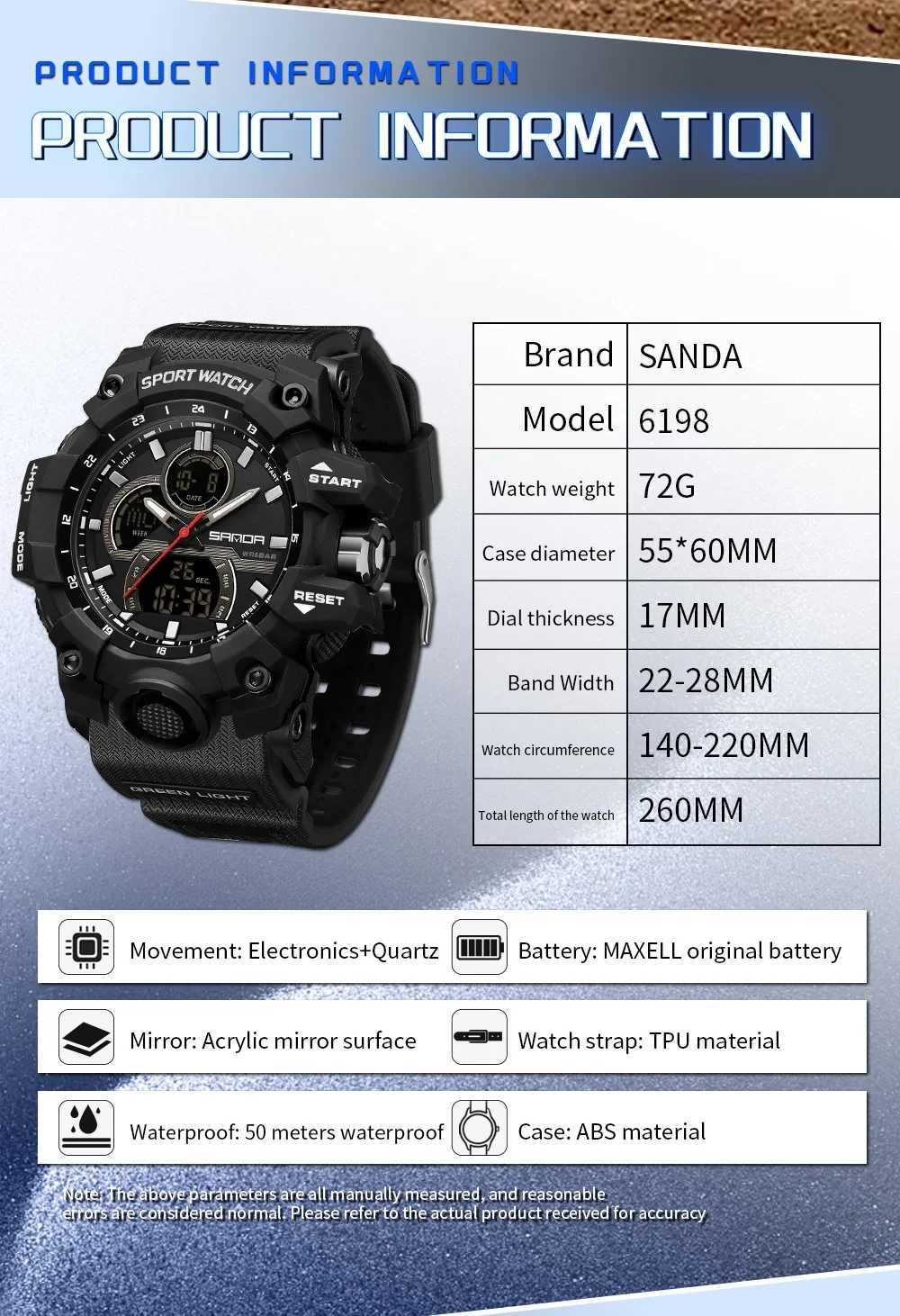 New Arrival SANDA 6198 Fashion Cool Night Light Dual Screen Mti Function Outdoor Sports Waterproof Mens Ectronic Z241128