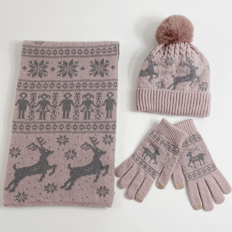 Christmas and Winter Knitted Wool with Velvet Hat Scarf Hat Glove One piece Deer Student Thick Warmth Set