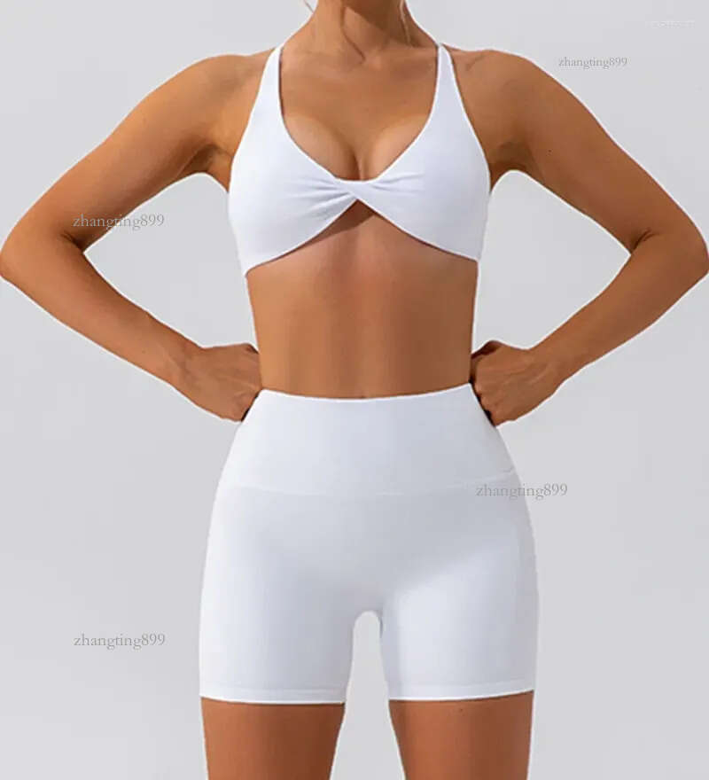 Active Sets Women's Spring/Summer Naked Yoga Clothes Shorts Two Piece Set For Fitness Running Quick Drying Sports