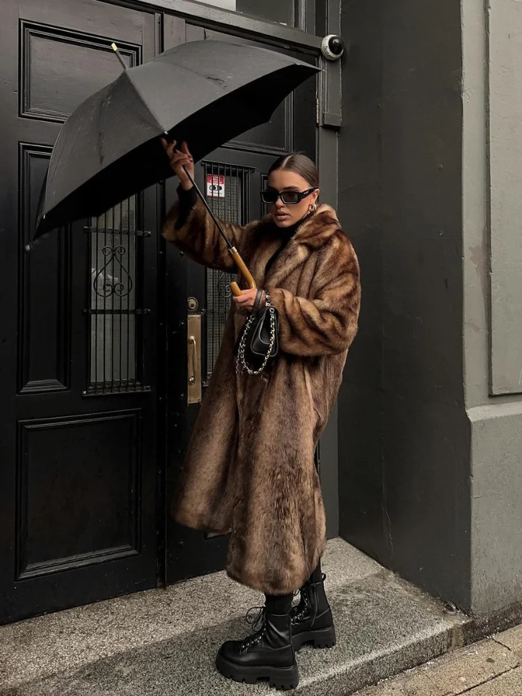 Women Retro Faux Fur Coat Fashion Lapel Single Breasted Long Sleeve Pockets Jacket Winter Plush Warm High Street Outwear 241120