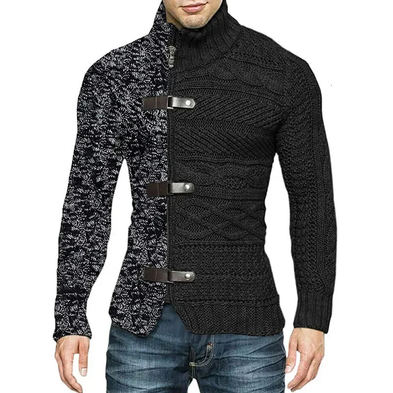 Autumn Winter Mens Sweatercoat Patchwork Turtleneck Cardigan Man Casual Knitted Slim Fit Long Sleeve Fashion Sweater Outerwear 241127