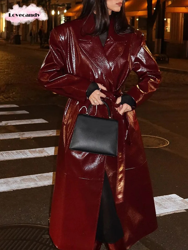 Autumn Burgundy Long Gloss Leather Trench Coat Womens Belt Double Chest Lace Long Jacket 2024 Womens Coat 241128