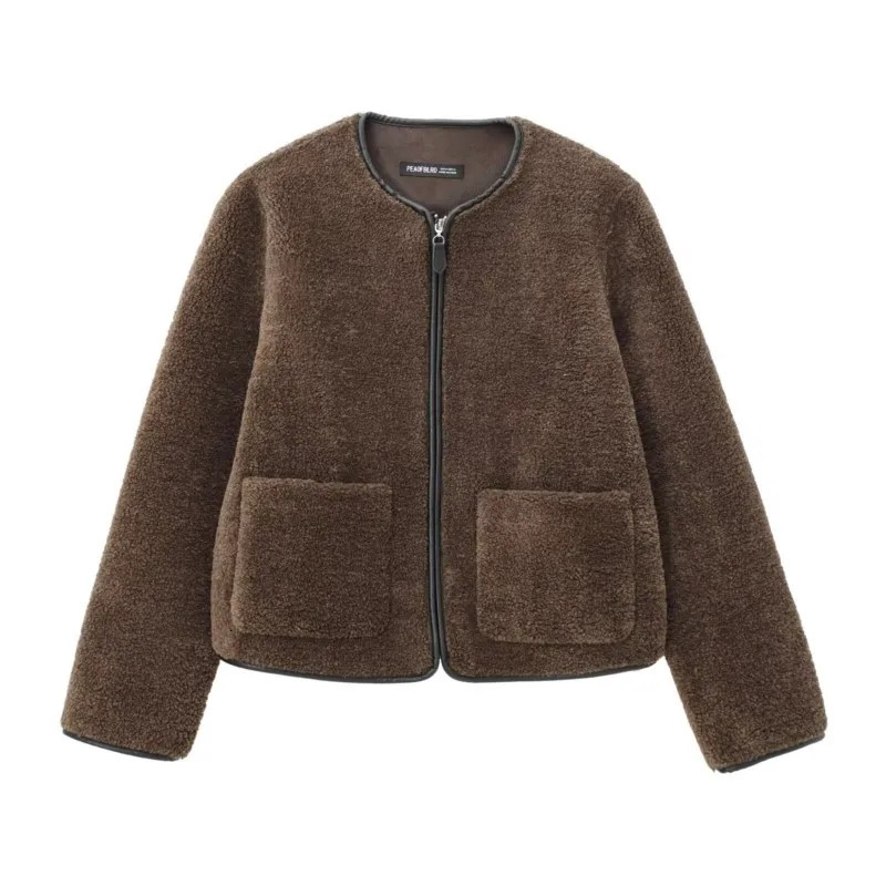 TRAF Fleece Patchwork Jacket for Women Autumn Casual Pocket Zipper O Neck Decoration Short Jacket Casual Jackets Female Jackets 241128
