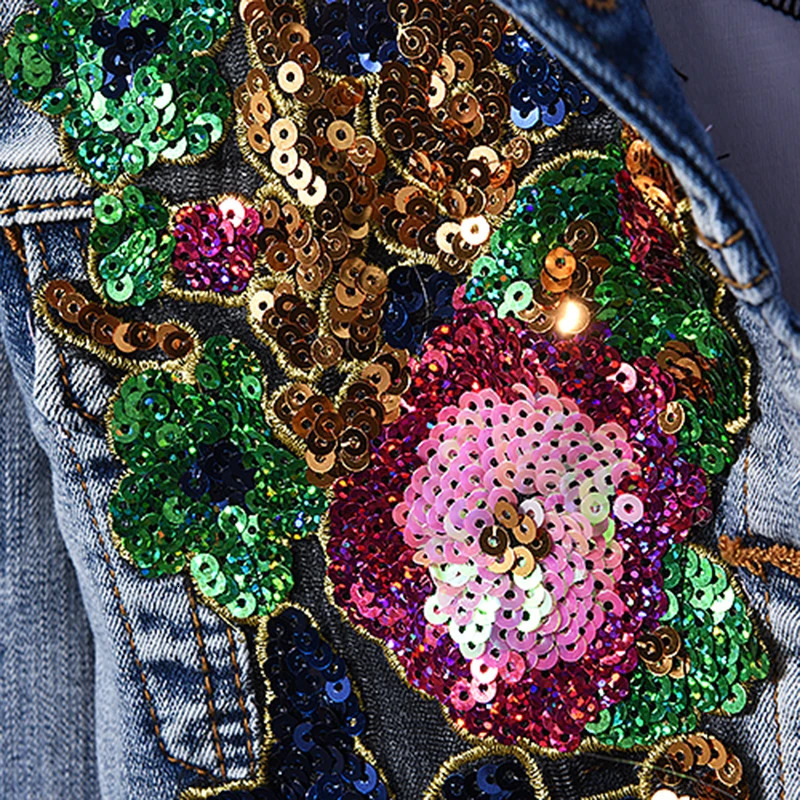European Style Denim Suit Fashion Outfit Women Flower Sequined Denim Jacket Short Jacket Jeans Pants Two-Piece Set Female 240419