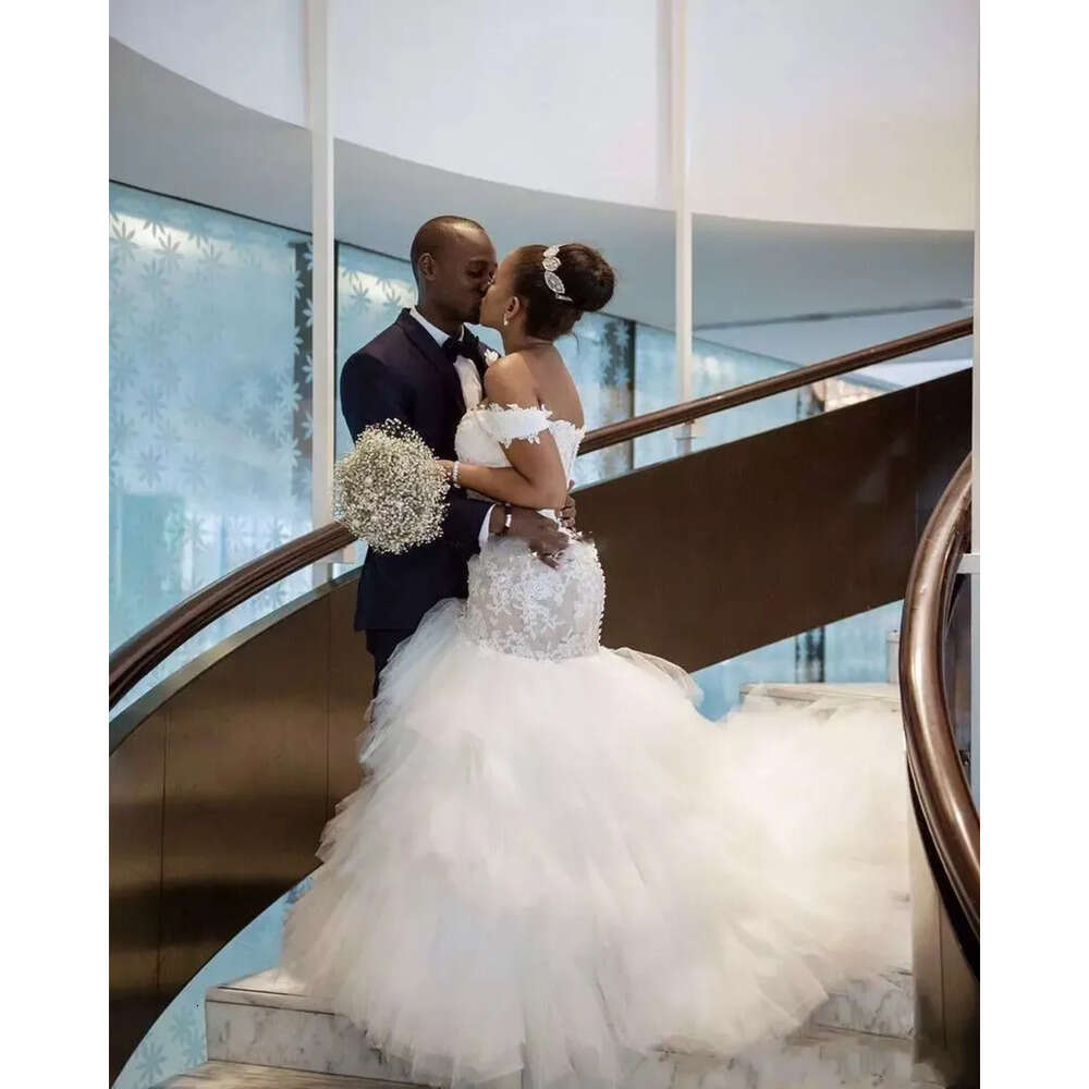 African Vestidos De Mermaid Noiva Dresses Lace Appliques Off The Shoulder Bridal Gowns Tiered Tulle Wedding Dress Custom Made