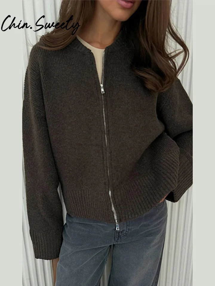 Retro Knitted Womens Open Collar Casual Full Sleeve Zipper O-Collar Folded Womens Sweater 2024 Autumn Winter Ultra Thin Womens Knitted 241128