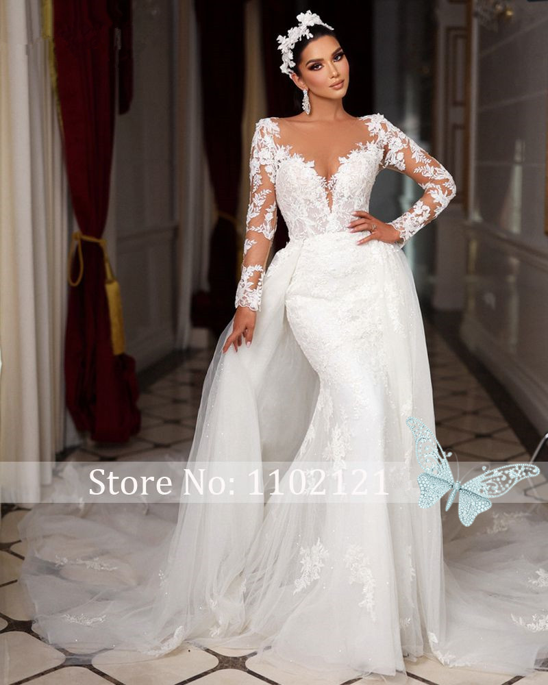 New Romantic Scoop Neck Beading Long Sleeves Mermaid Wedding Dress Gorgeous Appliques Detachable Train Trumpet Bridal Gown 2024 6660312