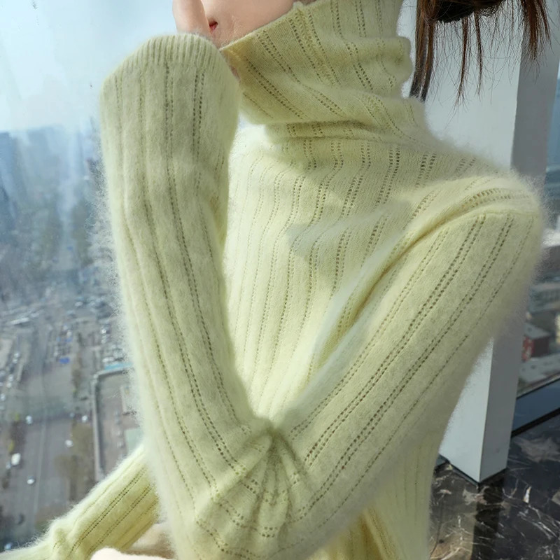 High neck 100% mink cashmere womens sweater autumn and winter style long sleeved knitted floral fashion version basic bottom top 241128