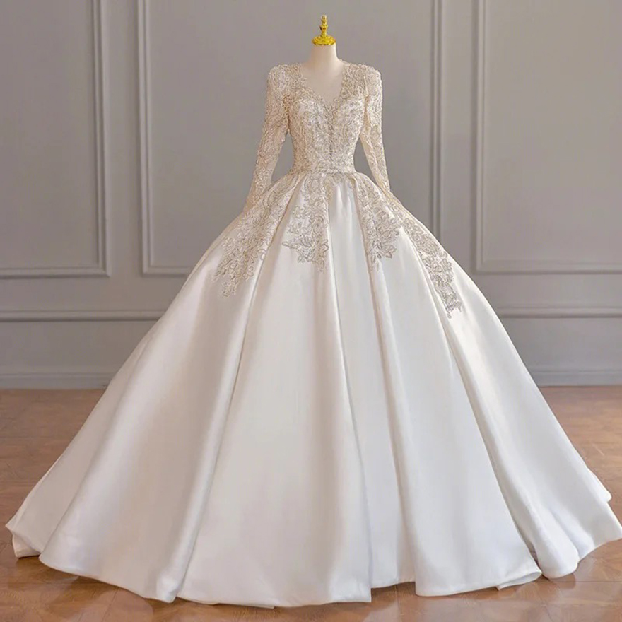 Customized Ball Gown Wedding Dresses Women Beading Sequins V-Neck Long Sleeves Bridal Gowns Vestido De Noiva robe de mariee