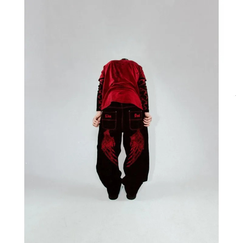 Gothic red embroidered high-quality mens graphic jeans hip-hop streetwear fashionable Y2K casual bag sports pants 241127