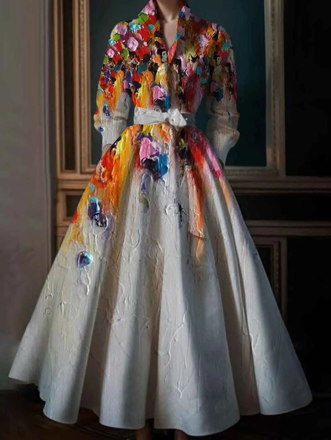 Elegant Floral Printing Maxi Dresses Multicolor Turndown Collar Long Sleeve Cotton Dress Party Wedding Evening 241126