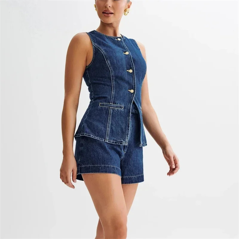 2024 Vintage Casual Denim Suits Back Split Women Sleeveless Button Splicing Slim Jacket Female Two Piece Sets High Waist Shorts 241127