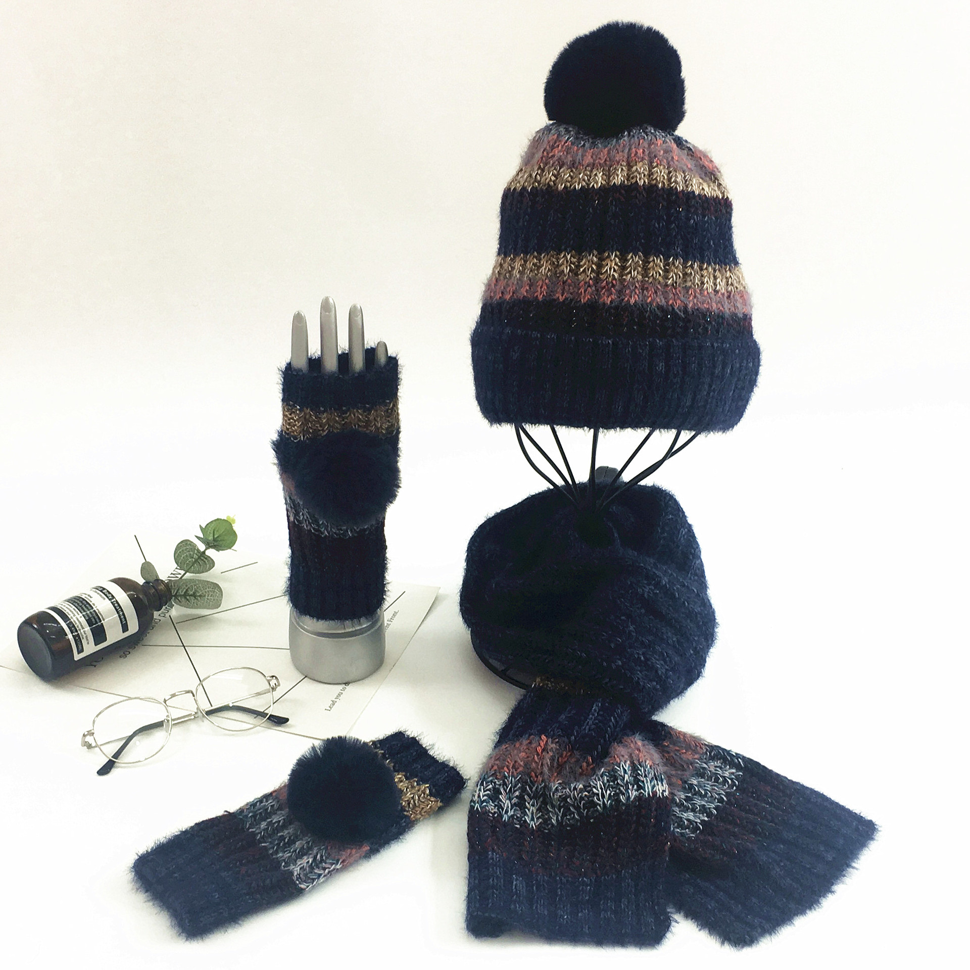 European and American autumn and winter fashion knitted striped three piece set versatile and warm pullover woolen hat scarf glove set