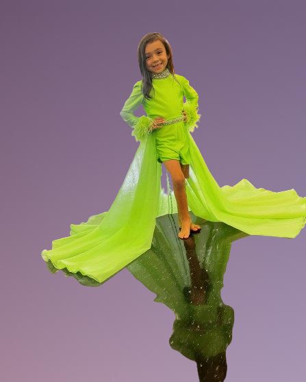 Girls Long Sleeves Pageant Dresses Feather Trim Short Romper with Overskirt Preteen Formal Event Wear Gowns Stretch Lycra Cry