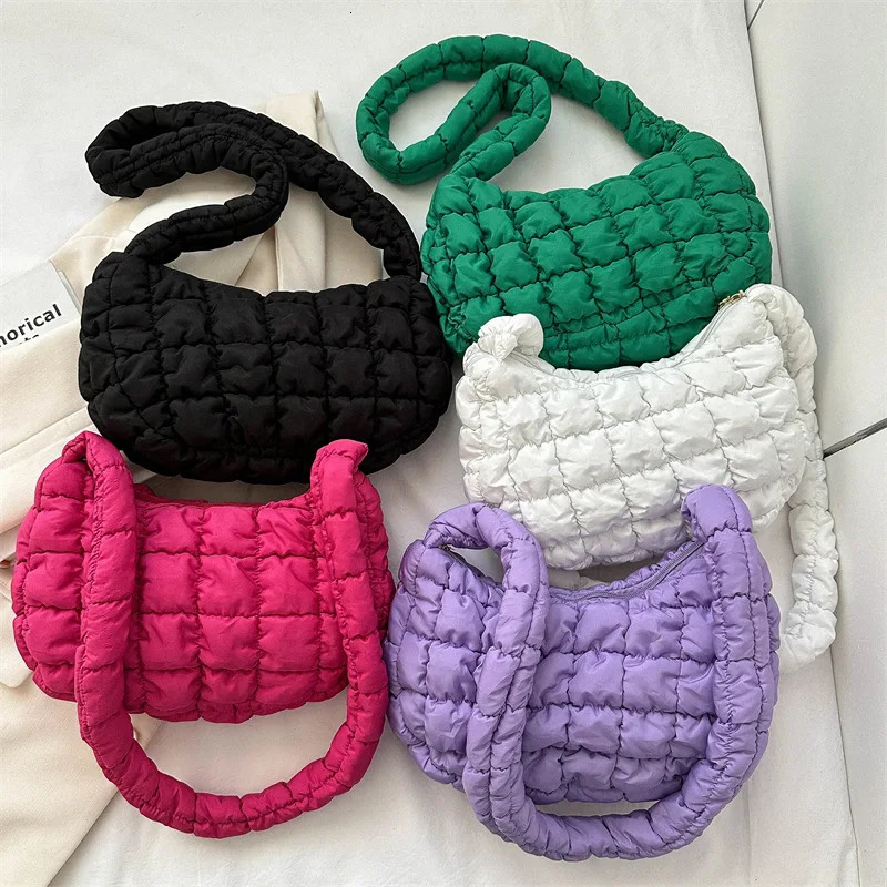 Quilted Pleated Shoulder Bags for Women Padded Bag Nylon Handbags Bucket Purse Cloud Bubbles Hobo Puffer Tote 241128