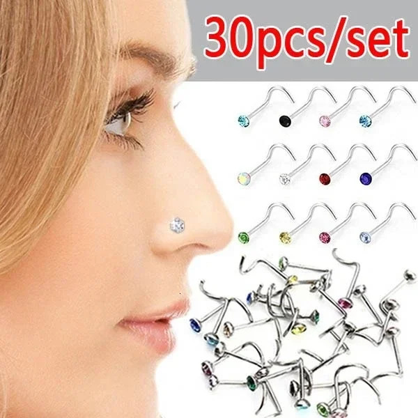 Delysia King 30pcsset Women Punk Crystal Anti Allergy Nose Stud Bend Steel Body Puncture Jewellery 241125