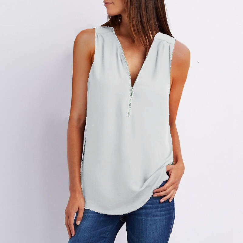 European And American V-Neck Zipper Sleeveless Loose Chiffon Vest 1 7 Color Trendy Clothing Fashion Casual Temperament B4