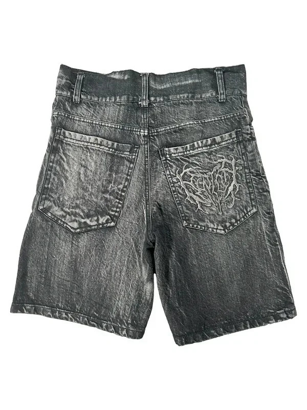 American Retro Y2K Antique Patchwork Embroidered Irregular Denim Shorts For Men And Women Loose Harajuku Casual Mens 241126