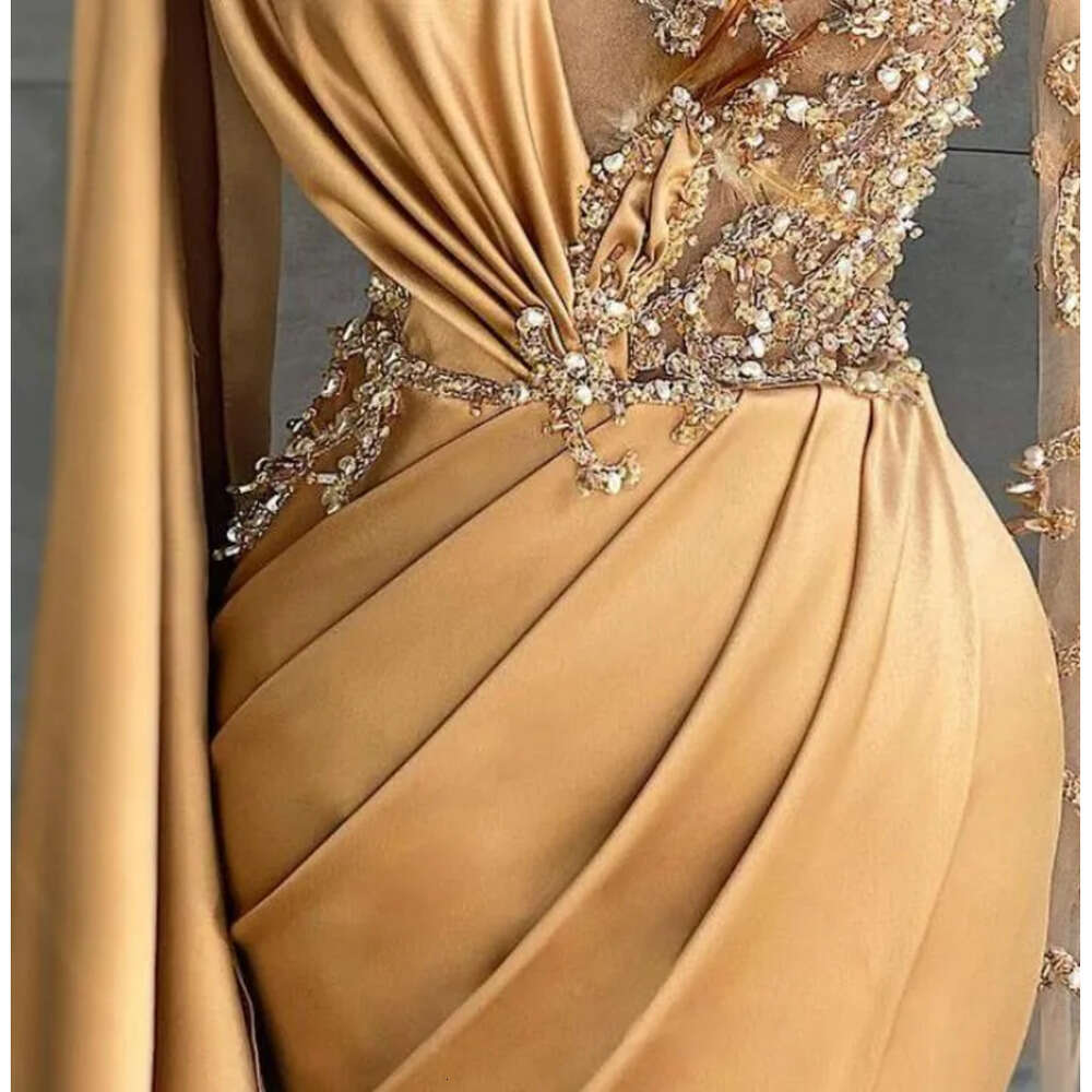 Mermaid Aso Gold Ebi Arabic Sexy Evening Beaded Crystals Prom Dresses High Split Formal Party Second Reception Gowns Zj 6660306