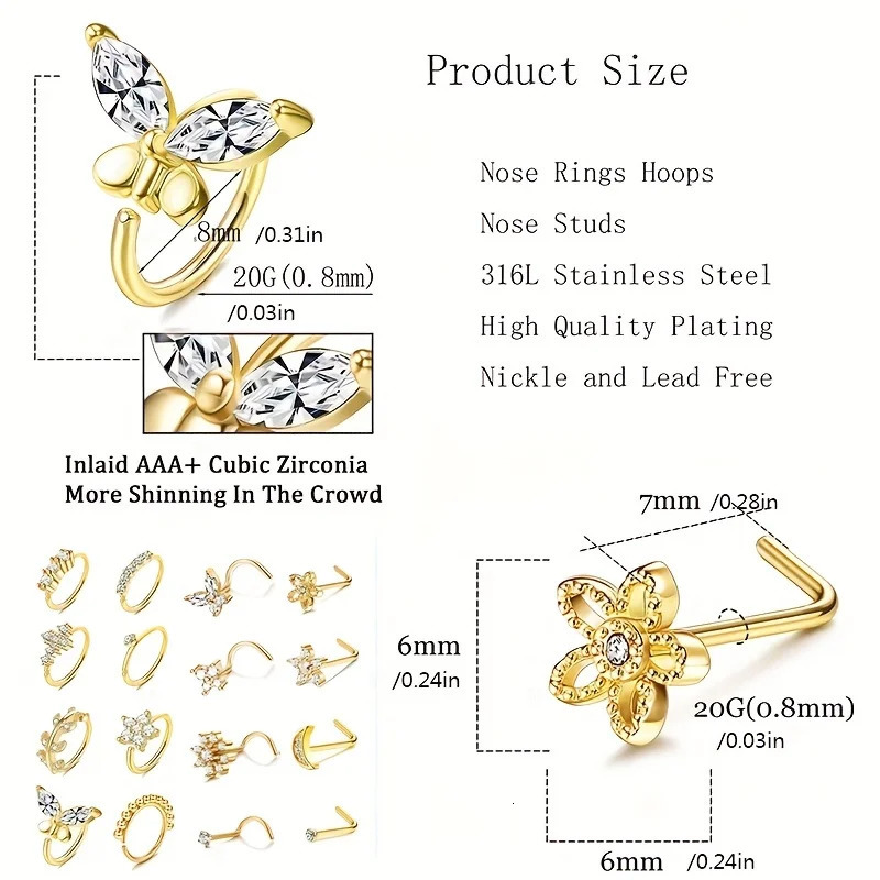 1Pc 20G Nose Rings Studs for Women Stainless Steel Hoop Screw L Shaped Stud Ring Piercing Jewelry 241125