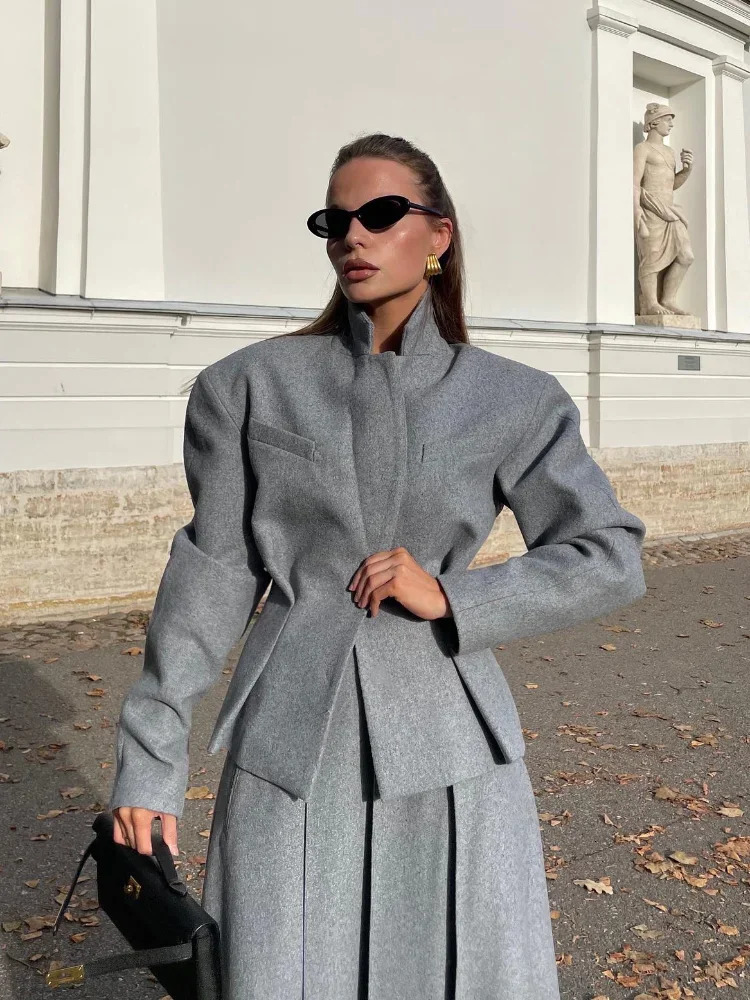 Women Fashion Solid Woolen Skirt Suits Elegant Stand Collar Full Sleeve Coat Loose Pleated Long Skirts Set 2024 Fall Lady Outfit 241129