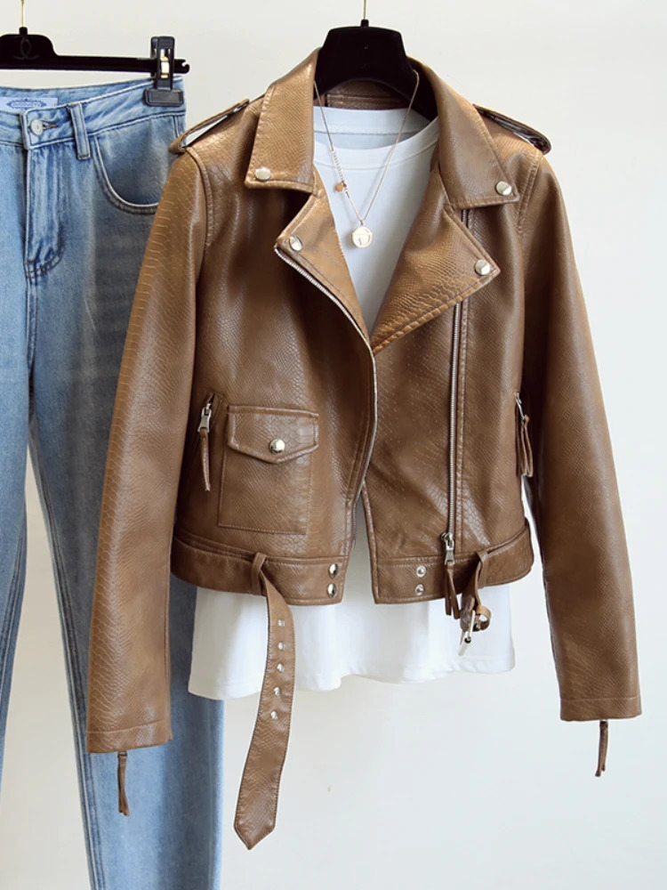 Ftlzz Spring Autumn Women Faux Leather Jacket Slim Streetwear Khaki Coat Biker Moto with Belt Female Outerwear 241129
