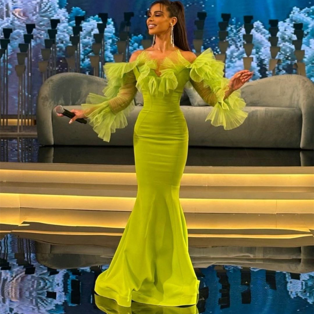 Elegant Long Sleeve Crepe Green Evening Dresses with Organza Ruffles Mermaid Muslim Sweetheart Sweep Train Zipper Back Prom Dresses Party Dresses for 