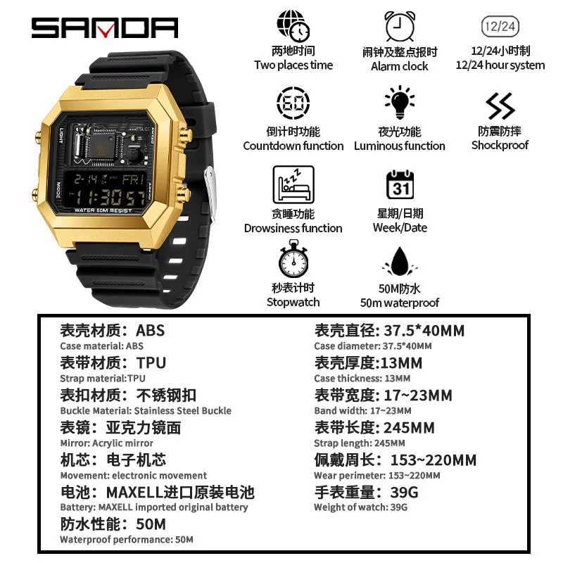 Sanda 6216 Ma and Fa Mens Student Ectronic New Square Mti Function reloj hbre Countdown Gift Watch Good quality free shipping