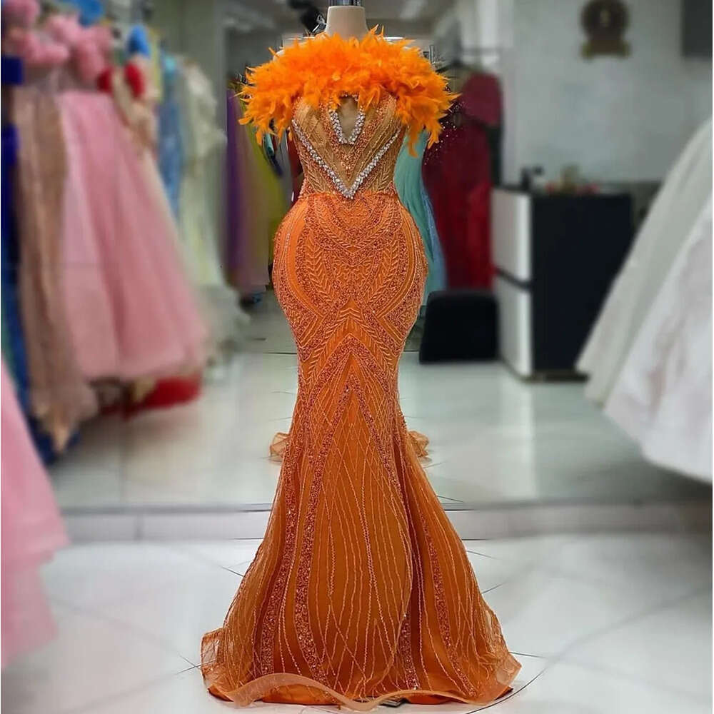 Mermaid Orange Ebi Aso Arabic Prom Dress Feather Crystals Evening Formal Party Second Reception Birthday Engagement Gowns Dresses Robe De Soiree Zj Es