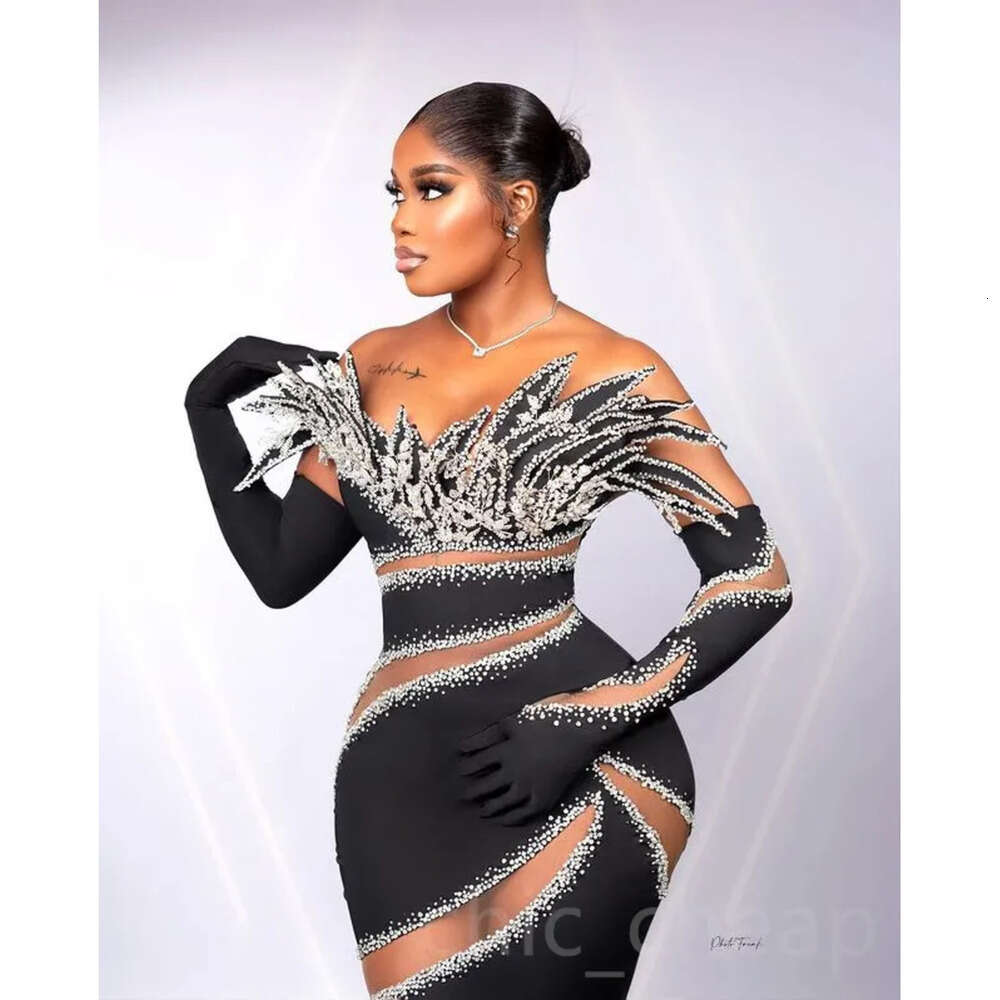 Black Mermaid Aso Ebi May Prom Dress Beaded Crystals Sexy Evening Formal Party Second Reception Birthday Engagement Gowns Dresses Robe De Soiree Zj Es