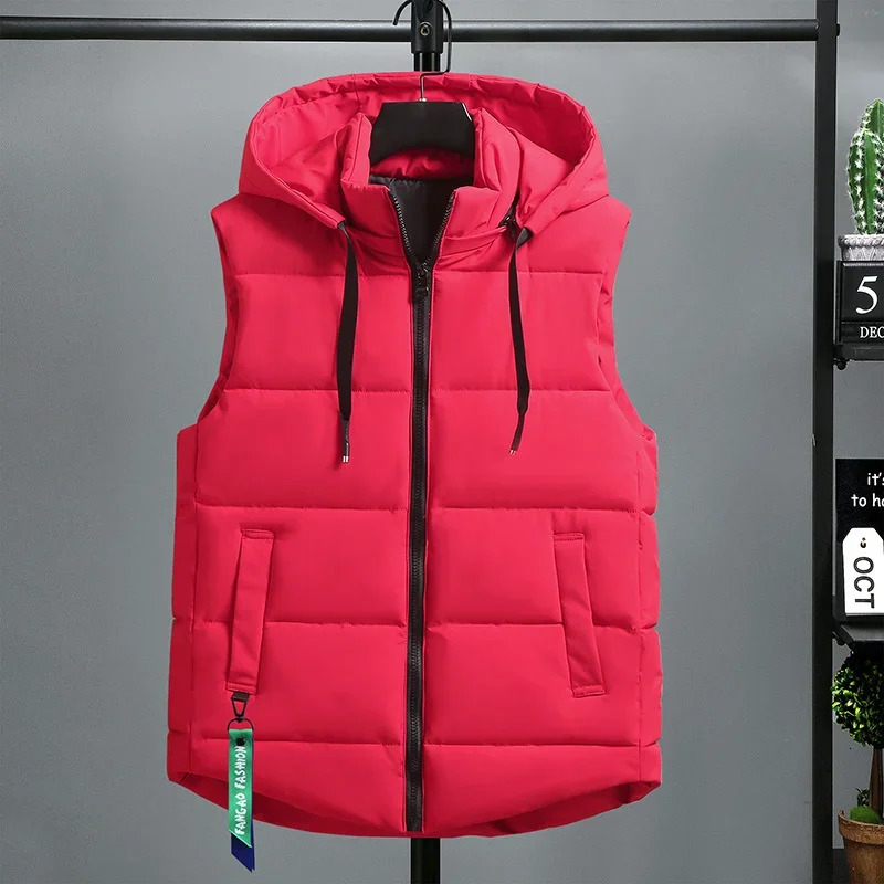 2024 Mens Vest Cotton Padded Warm Autumn and Winter Solid Sleeveless Jacket Windproof Detachable Hat Coat 241129