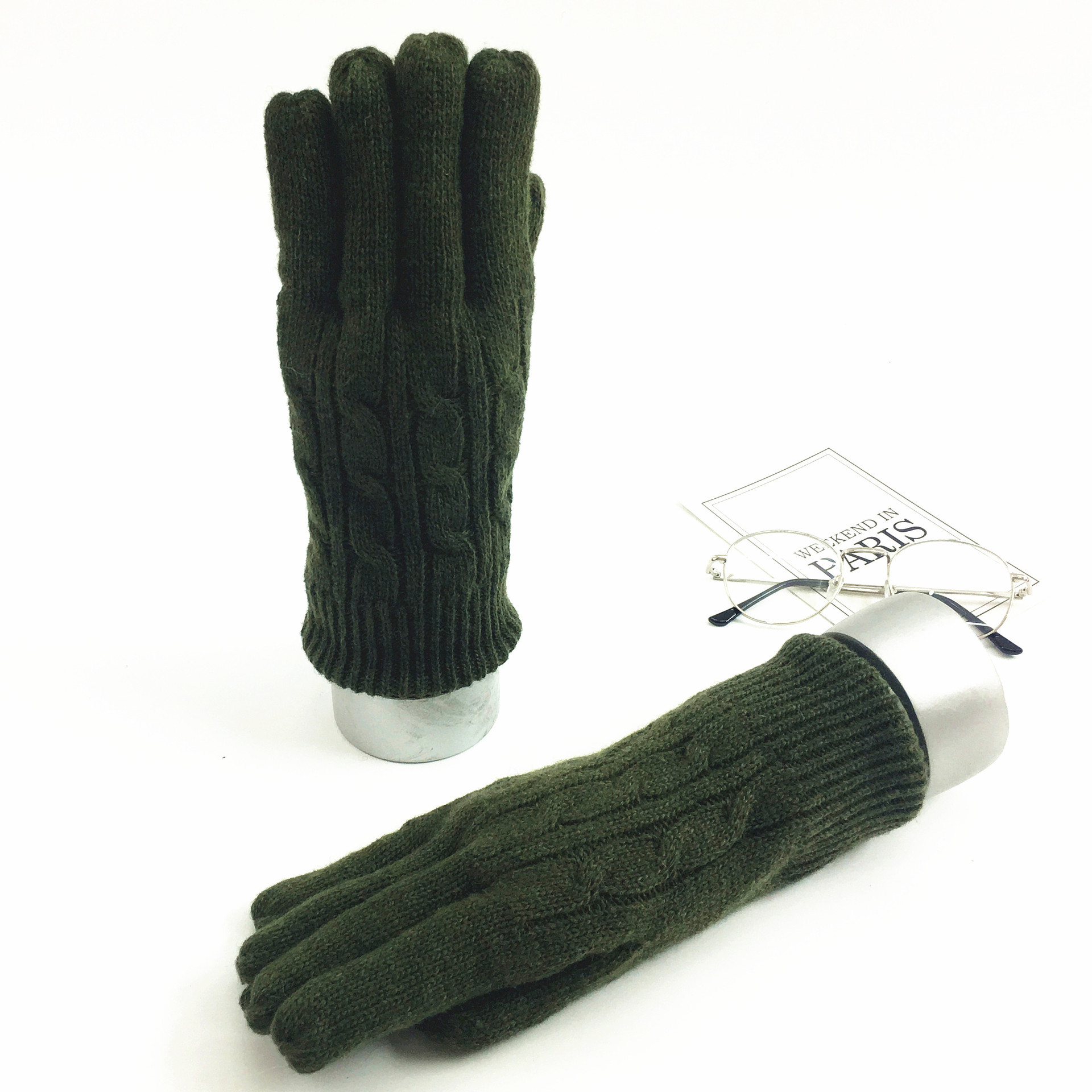 Winter Warm Gloves for Men Five Finger Wool and Fleece Solid Color Knitted Outdoor Cycling Cold resistant Gloves Wholesale for Foreign Trade