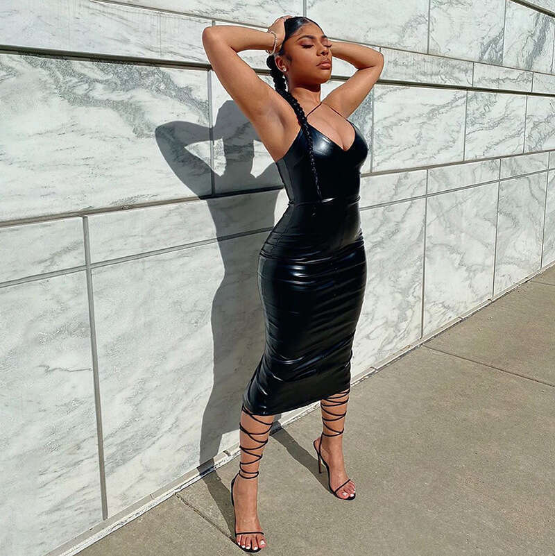 Explosive leather sexy suspender dress 2025 summer new V-neck slim fit slit mid length skirt