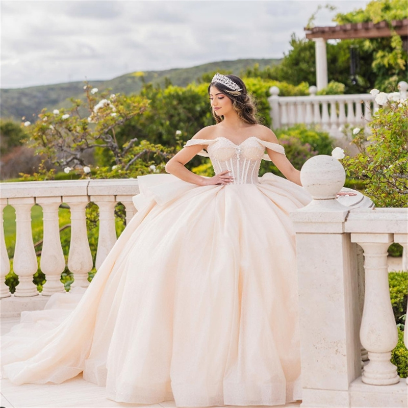 Amazing Blue Quinceanera Dresses Plus Size Off Shoulders Beaded Vestidos 15 Anos Quinceanera Shine Pageant Birthday Party Gowns Elegant Vestio De Fies