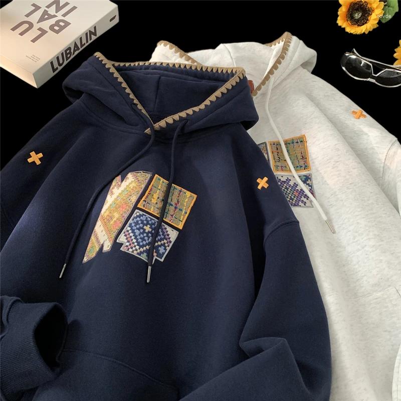 Men's Korean Streetwear Splicing Hoodie - Embroidered Pattern Hooded Sweatshirt, Loose Casual Pullover For Fall/Winter