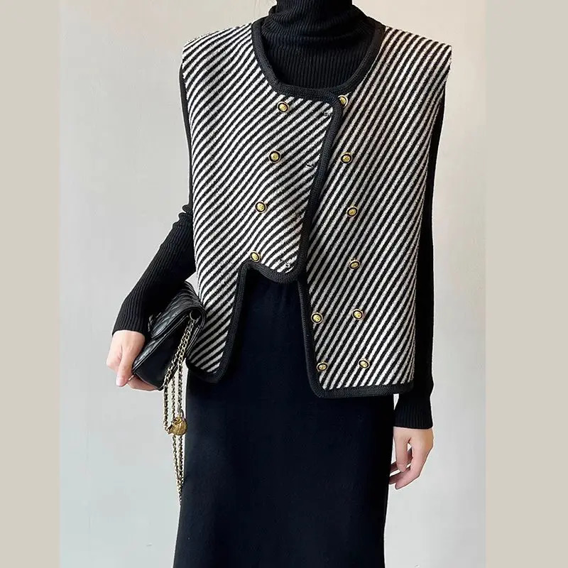 Spring Autumn Korean Irregular Short Vests Sleeveless Patchwork Allmatch Striped Vest Jacket Vintage Fashion Women Clothing 241129