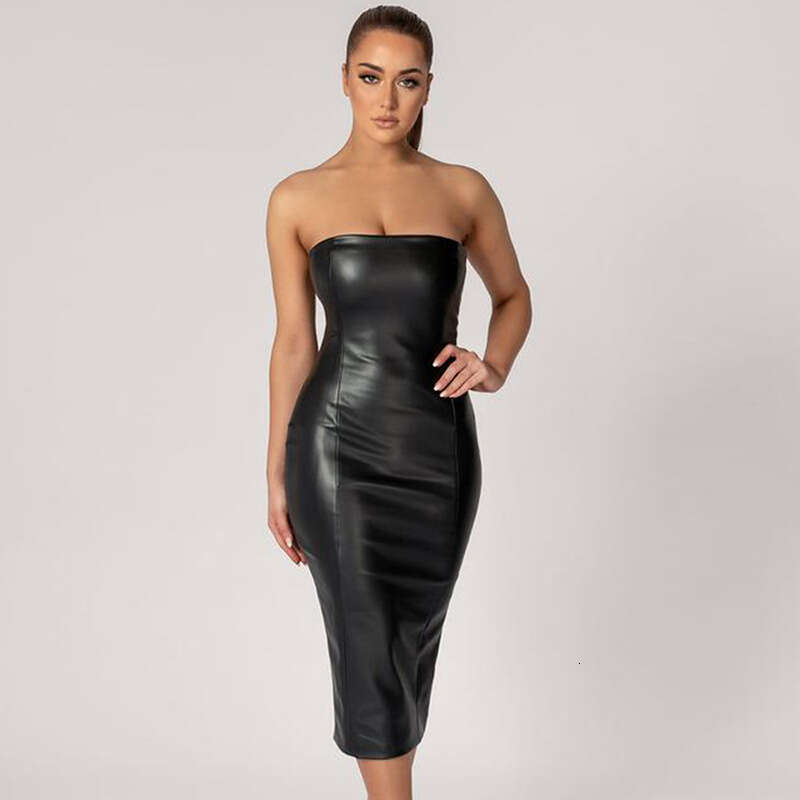 Solid color PU leather, fashionable stylish, slim fit bra and sexy mid length with a slit back. Women's dress