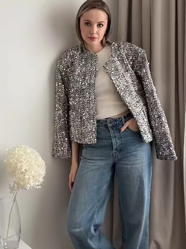 Women Chic Sier Sequin Embellished Short Jacket Casual Round Neck Long Sleeved Pockets Cardigan Autumn Lady Elegant Coats