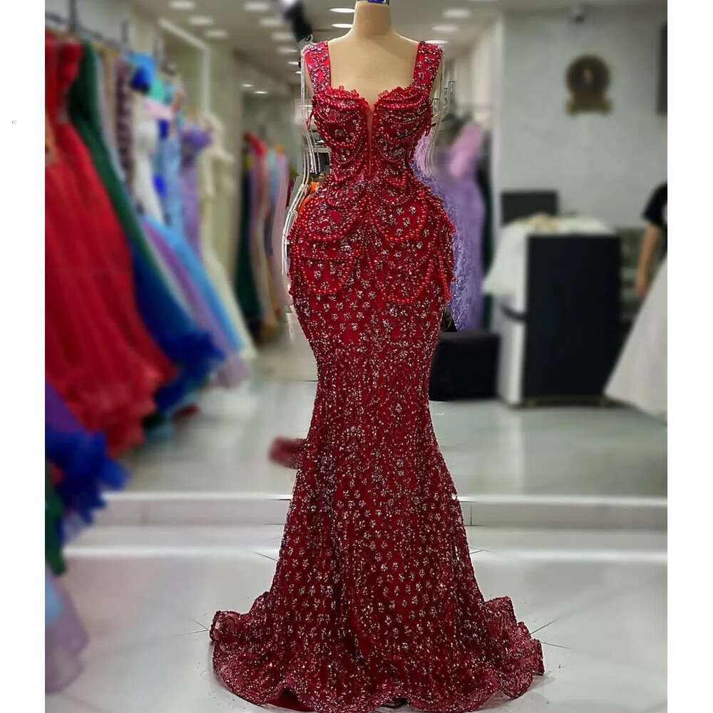 Ebi Mermaid Red Aso August Prom Dress Pearls Crystals Urious Evening Formal Party Second Reception Birthday Engagement Gowns Dresses Robe De Soiree Es