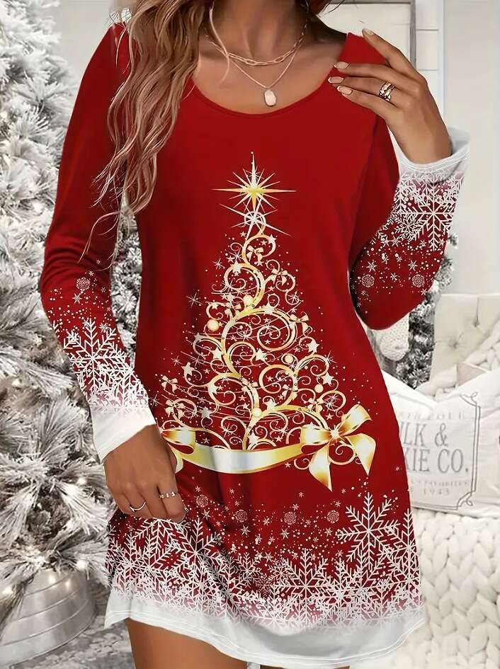 Women's casual with snowflake and Christmas tree print long sleeved round neck micro elastic dress