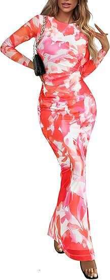 2024 Shein autumn new long sleeved ral print tight pleated sexy women's dress