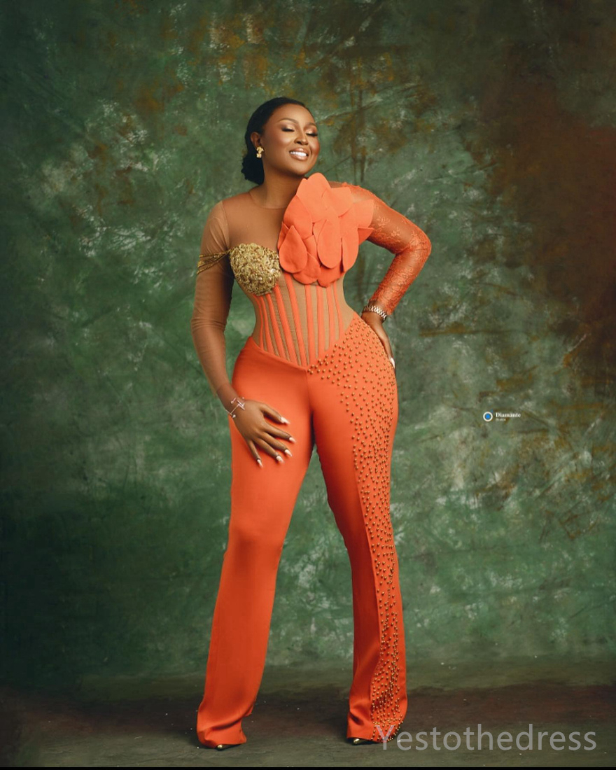 R&W Plus Size Orange Jumpsuits Promdress Prom Dresses for Special Ocns One-Piece Illusion Long Sleeves Gold Pearls Decorated Birthday Dress Reception 