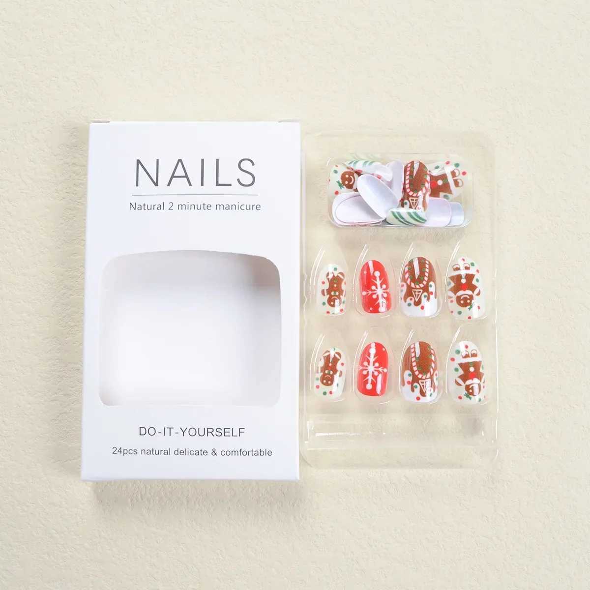 24pcs Christmas Press on Nail Fruit Gingerbread Man Chocolate House Fake Nail for Women Girl Snowflake Stripe Nail ArtXJ241128
