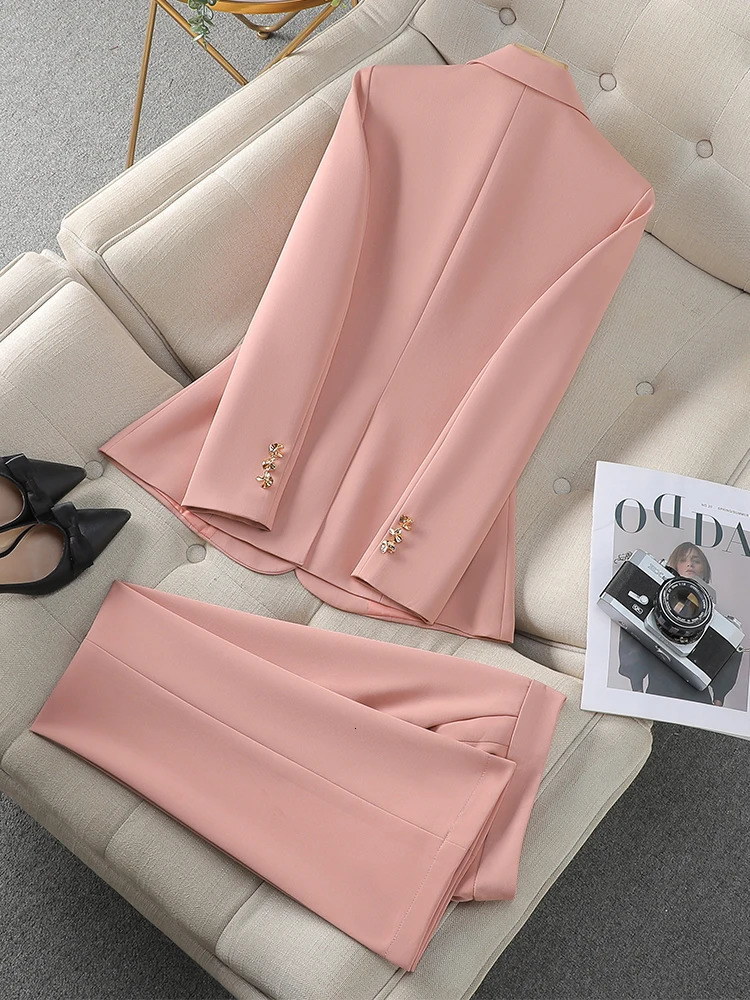 Autumn Winter Pink Black Beige Women Pant Suit 2 Piece Set Ladies Female Business Work Wear Formal Blazer Jacket And Trouser 241126