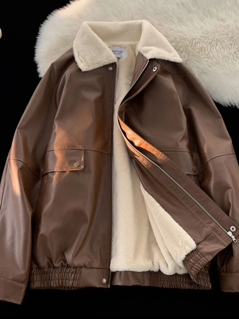 Y2K Fashion Lapel Leather Coat Cottonpadded Jacket Women High Street Vibe Vintage Casual Pilot 241129