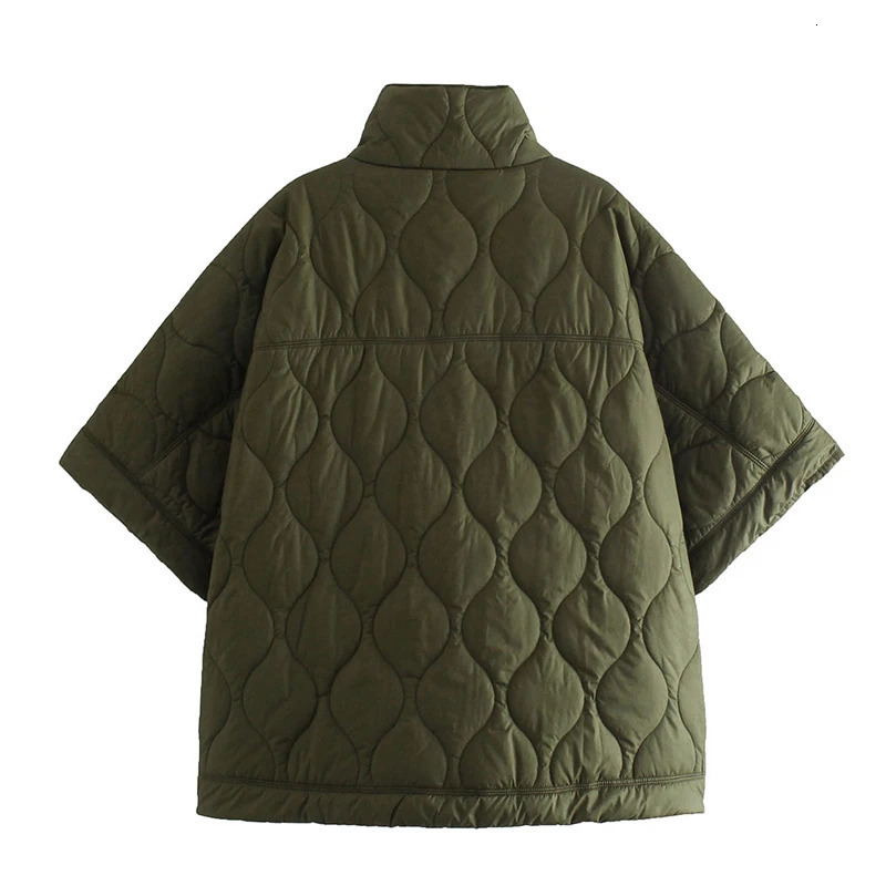 Lanjia- Cotton Padded Shawl Open Top Argyle Stand Collar Thick Zipper Warm Winter Womens Coat Raincoat Batwing Sleeves 241128 D81bd