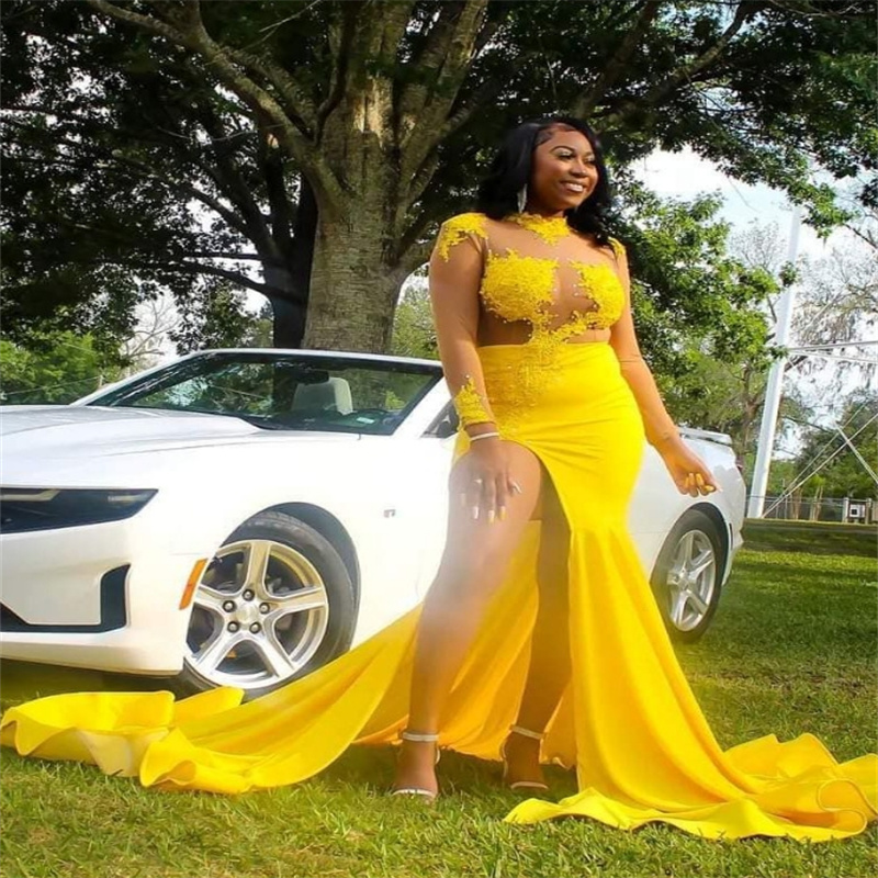 High Slit Yellow Prom Dress For Black Women Illusion Appliques Lace Mermaid Evening Gowns Elegant Dance Birthday Wear Special Occasion Dress Vestio De