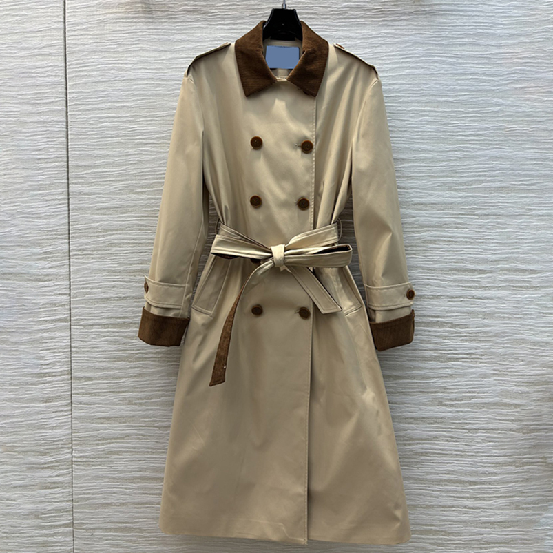 Women Trench Coats With Belt Vintage Lapel Neck Long Jacket Double Breasted Windbreaker Slim Outerwear